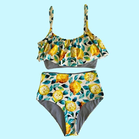 Cupshe Other - Cupshe Lemons Reversible Stripes High Waisted Bikini Swimsuit